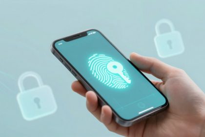 A hand holding a smartphone displaying a glowing fingerprint and key icon on the screen. Background shows faint padlock icons.