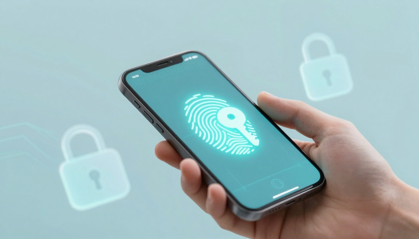 A hand holding a smartphone displaying a glowing fingerprint and key icon on the screen. Background shows faint padlock icons.