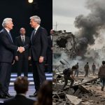 On the left, two men in suits shake hands on a stage with a blue backdrop and several people standing behind them. On the right, a chaotic scene with people walking through rubble, smoke rising from damaged buildings, and a cloudy sky.