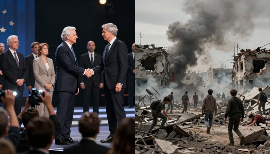 On the left, two men in suits shake hands on a stage with a blue backdrop and several people standing behind them. On the right, a chaotic scene with people walking through rubble, smoke rising from damaged buildings, and a cloudy sky.