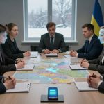 Seven people in business attire sit around a table with a large map. Two have digital overlay faces. A smartphone is in the center. A Ukrainian flag is in the background.