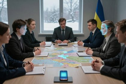 Seven people in business attire sit around a table with a large map. Two have digital overlay faces. A smartphone is in the center. A Ukrainian flag is in the background.