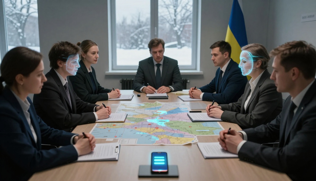 Seven people in business attire sit around a table with a large map. Two have digital overlay faces. A smartphone is in the center. A Ukrainian flag is in the background.