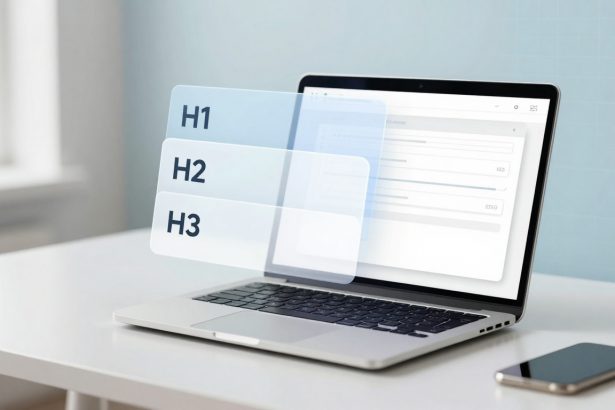 A laptop on a white desk displays a webpage with floating blue tabs labeled H1, H2, and H3. A smartphone lies beside the laptop.