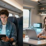 A split image shows a man on a train using a tablet with digital network graphics and a woman at home using a laptop with message icons.