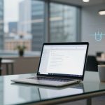 A laptop displaying a webpage is on a glass table in a modern office with large windows. A white mug is beside the laptop.