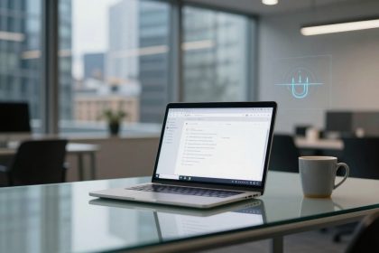 A laptop displaying a webpage is on a glass table in a modern office with large windows. A white mug is beside the laptop.