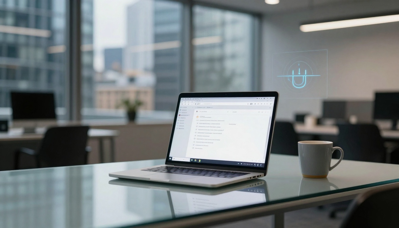 A laptop displaying a webpage is on a glass table in a modern office with large windows. A white mug is beside the laptop.