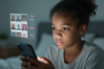 A young girl with curly hair is focused on a smartphone. A holographic display shows a grid of blurred profile pictures in the background.