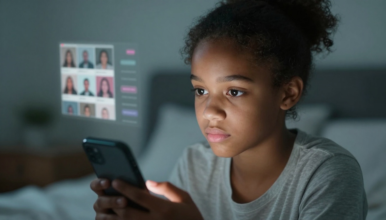 A young girl with curly hair is focused on a smartphone. A holographic display shows a grid of blurred profile pictures in the background.