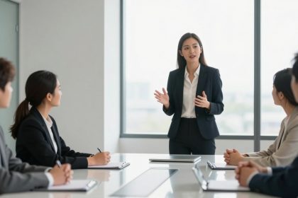 A woman in a black suit is standing and speaking to four seated colleagues in a conference room. They are dressed in formal attire, with notebooks on the table. Large windows provide natural light.