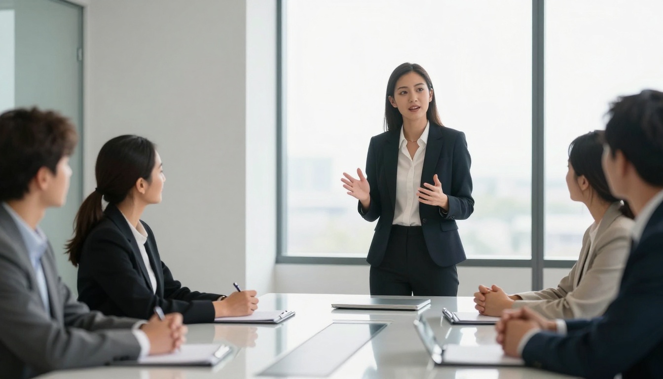 A woman in a black suit is standing and speaking to four seated colleagues in a conference room. They are dressed in formal attire, with notebooks on the table. Large windows provide natural light.