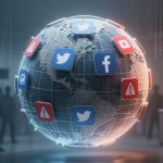 A digital globe with social media icons like Twitter, Facebook, and YouTube orbits in a dark room. Silhouetted figures hold signs in the background.