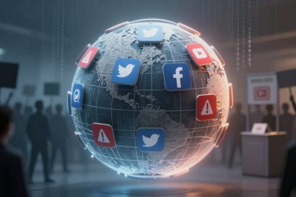 A digital globe with social media icons like Twitter, Facebook, and YouTube orbits in a dark room. Silhouetted figures hold signs in the background.