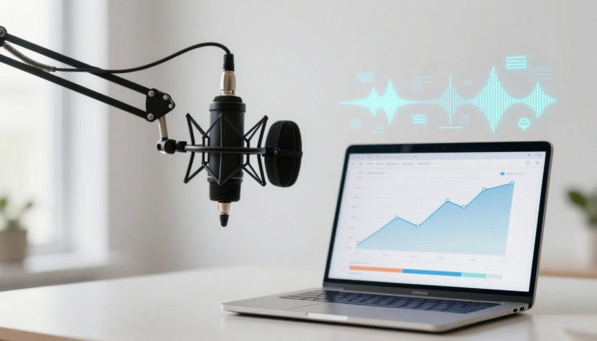 A black microphone on an adjustable arm is positioned next to an open laptop displaying a rising line graph. Blue soundwave graphics are projected above the laptop screen.