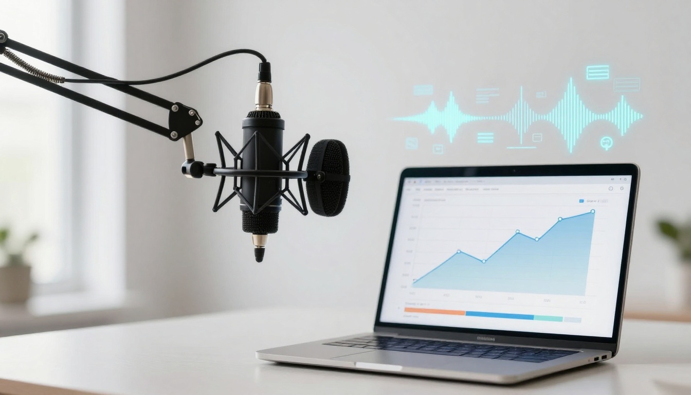 A black microphone on an adjustable arm is positioned next to an open laptop displaying a rising line graph. Blue soundwave graphics are projected above the laptop screen.