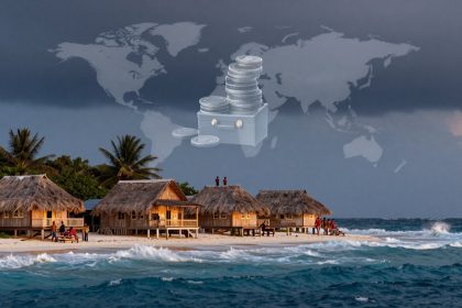 Tropical beach scene with thatched-roof huts, palm trees, and people on white sand. Ocean waves in foreground. Overlay of world map and coins.