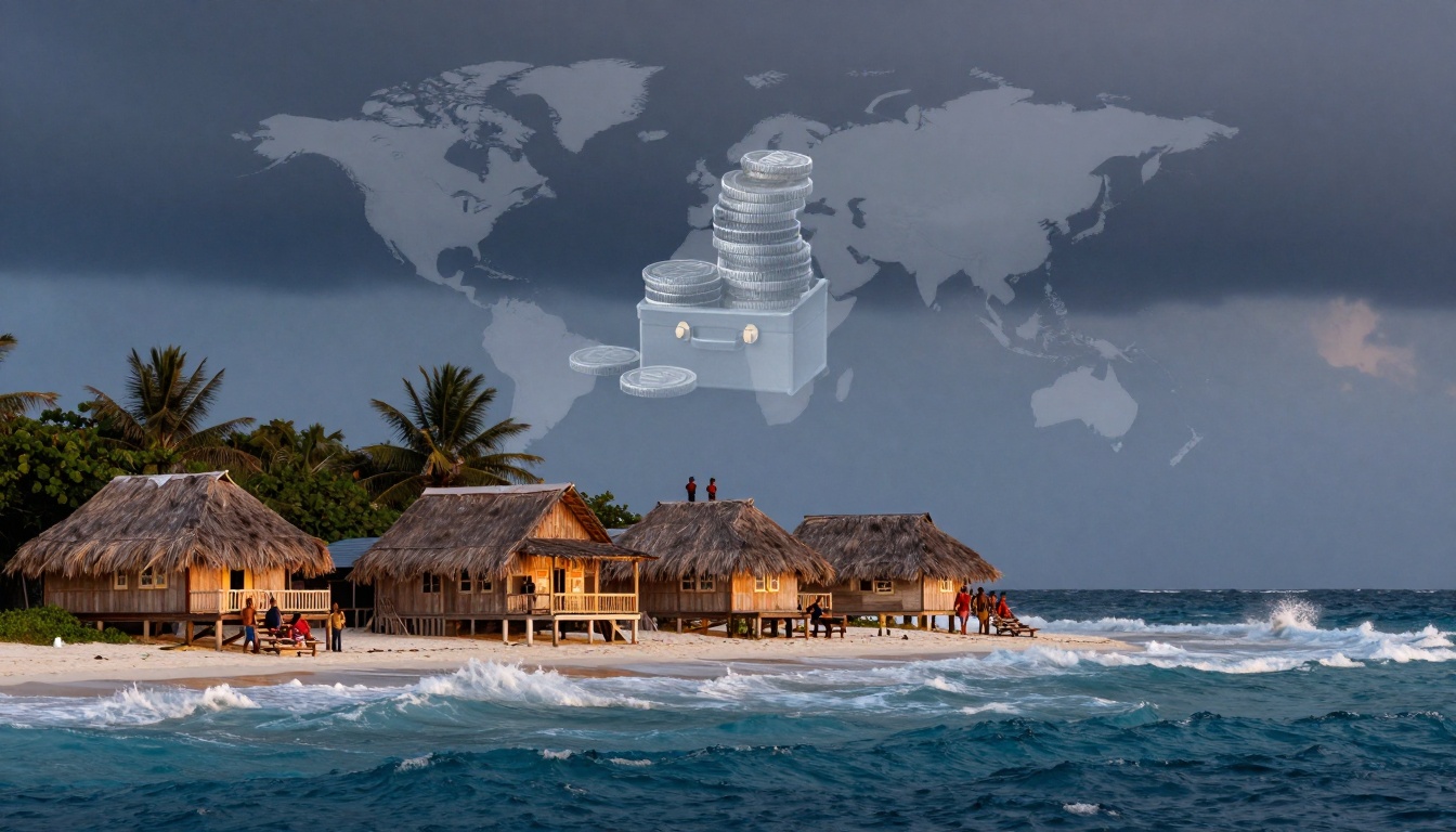 Tropical beach scene with thatched-roof huts, palm trees, and people on white sand. Ocean waves in foreground. Overlay of world map and coins.