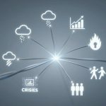 A central light emits lines connecting to icons of clouds with rain, a chart with an upward trend, a flame with a keyhole, two people walking, three standing figures, and a "Crises" label with a screen. The background is dark gray.