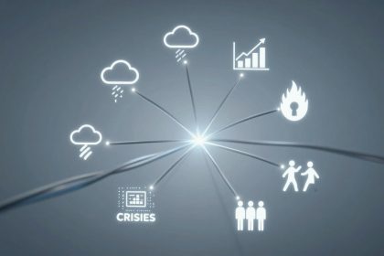 A central light emits lines connecting to icons of clouds with rain, a chart with an upward trend, a flame with a keyhole, two people walking, three standing figures, and a "Crises" label with a screen. The background is dark gray.