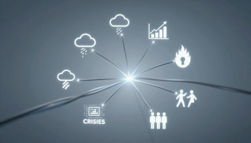 A central light emits lines connecting to icons of clouds with rain, a chart with an upward trend, a flame with a keyhole, two people walking, three standing figures, and a "Crises" label with a screen. The background is dark gray.