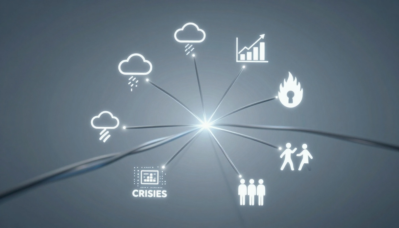 A central light emits lines connecting to icons of clouds with rain, a chart with an upward trend, a flame with a keyhole, two people walking, three standing figures, and a "Crises" label with a screen. The background is dark gray.