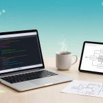 A laptop displaying code sits on a desk next to two steaming coffee mugs. A tablet shows a flowchart. Sticky notes and a printed diagram are on the desk against a blue, network-patterned background.