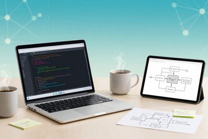 A laptop displaying code sits on a desk next to two steaming coffee mugs. A tablet shows a flowchart. Sticky notes and a printed diagram are on the desk against a blue, network-patterned background.
