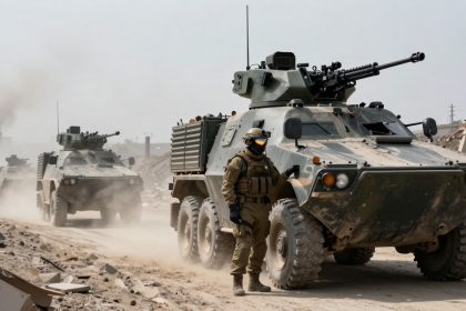 Military vehicles in a dusty, urban setting, led by a soldier in tactical gear and helmet. The vehicles are armored and camouflaged.