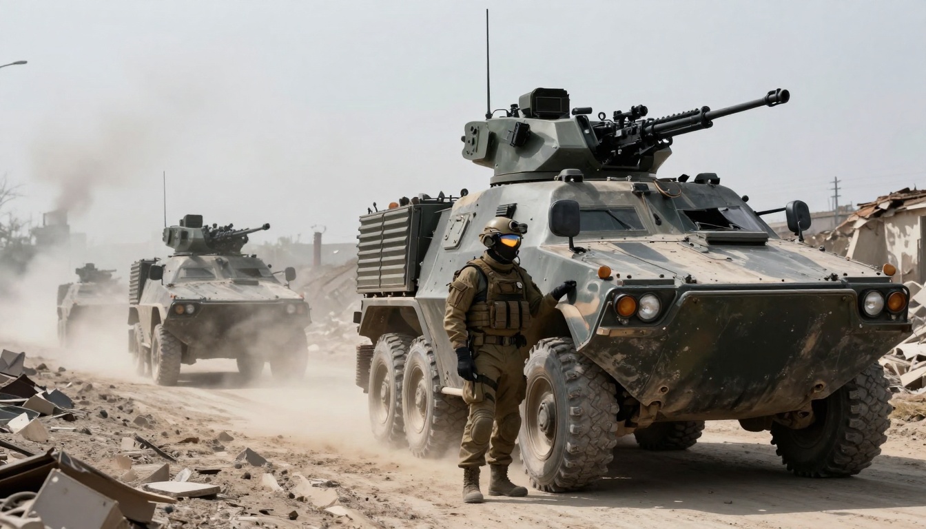 Military vehicles in a dusty, urban setting, led by a soldier in tactical gear and helmet. The vehicles are armored and camouflaged.