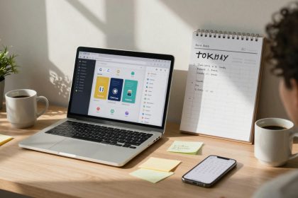 A person sits at a wooden desk using a laptop displaying a colorful interface. A potted plant, coffee mug, sticky notes, and a smartphone with a calendar app are nearby. A notepad with handwritten notes is on a stand. Sunlight casts shadows on the desk.