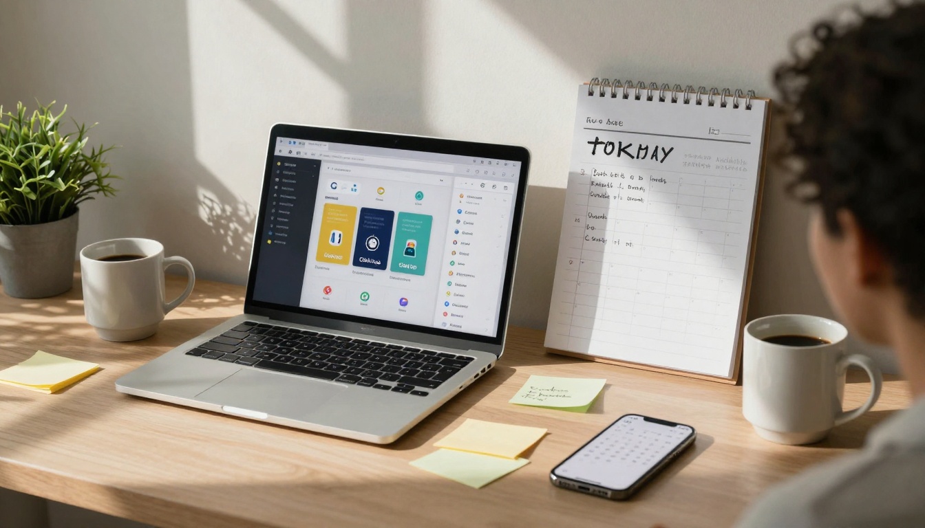 A person sits at a wooden desk using a laptop displaying a colorful interface. A potted plant, coffee mug, sticky notes, and a smartphone with a calendar app are nearby. A notepad with handwritten notes is on a stand. Sunlight casts shadows on the desk.