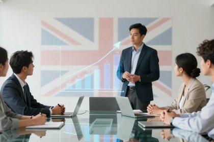 A man in a suit presents a bar graph to four colleagues seated around a glass table with laptops. A Union Jack is visible in the background.