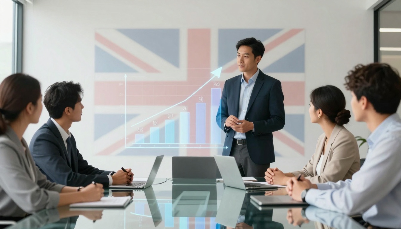 A man in a suit presents a bar graph to four colleagues seated around a glass table with laptops. A Union Jack is visible in the background.