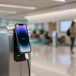 A smartphone with a glowing screen is connected to a charging station in an airport lounge. People are walking in the blurred background.