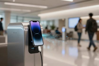 A smartphone with a glowing screen is connected to a charging station in an airport lounge. People are walking in the blurred background.