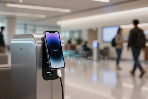 A smartphone with a glowing screen is connected to a charging station in an airport lounge. People are walking in the blurred background.