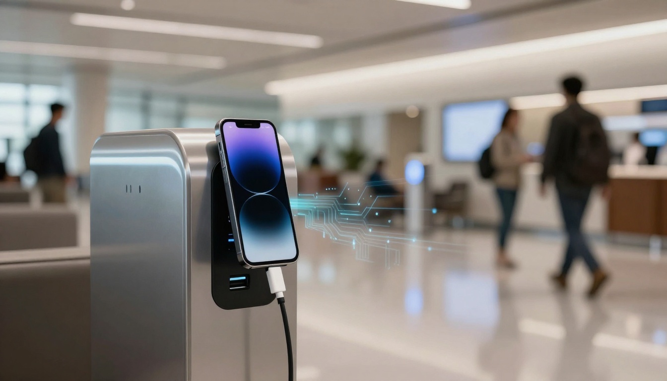 A smartphone with a glowing screen is connected to a charging station in an airport lounge. People are walking in the blurred background.