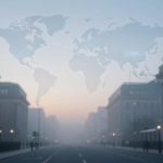 A world map overlay appears above a foggy city street lined with classical buildings. Few pedestrians are walking along the sidewalks.
