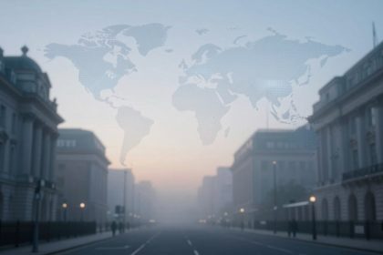A world map overlay appears above a foggy city street lined with classical buildings. Few pedestrians are walking along the sidewalks.