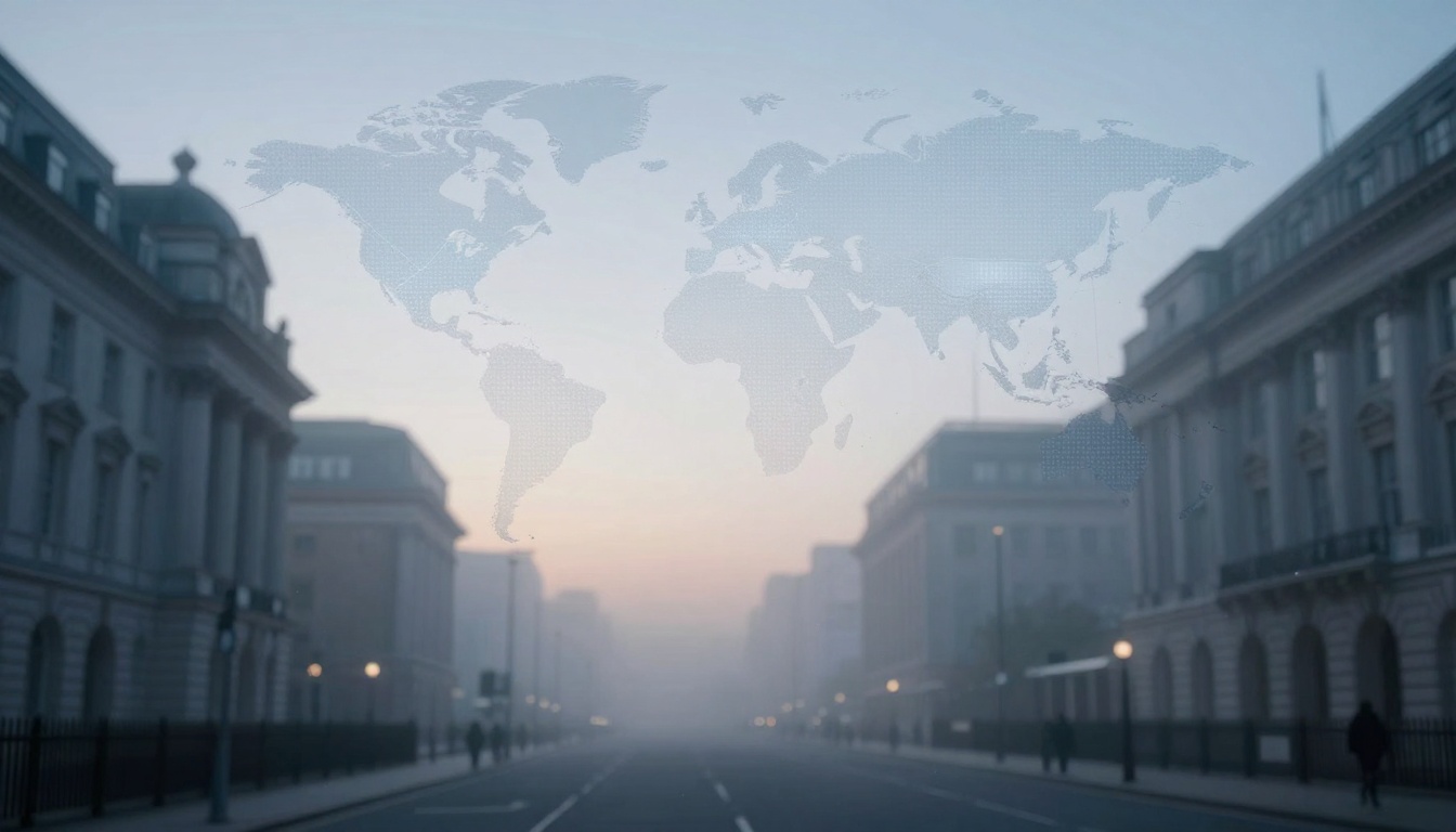 A world map overlay appears above a foggy city street lined with classical buildings. Few pedestrians are walking along the sidewalks.