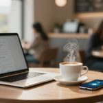 A laptop displaying a document, a steaming cup of coffee, and a smartphone with a blue screen are on a round wooden table in a cafe. Blurred figures of people are in the background.
