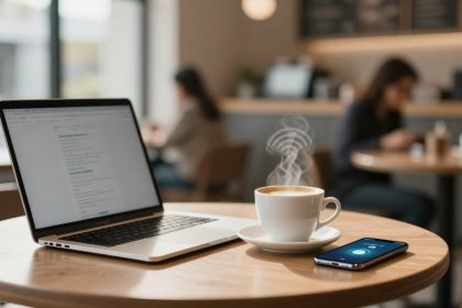 A laptop displaying a document, a steaming cup of coffee, and a smartphone with a blue screen are on a round wooden table in a cafe. Blurred figures of people are in the background.