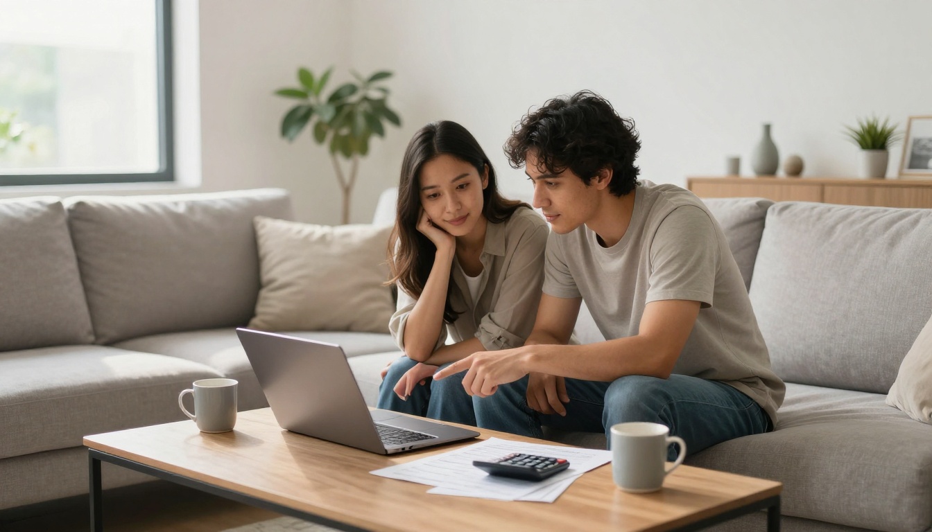 A couple sits on a gray sofa in a living room, focused on a laptop on a wooden coffee table. Papers, a calculator, and two mugs are also on the table. A plant is visible in the background.