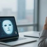 A person in a gray shirt sits at a desk, looking at a laptop displaying a digital mask on the screen. The background is a blurred office setting.