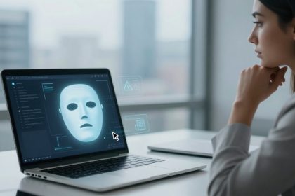 A person in a gray shirt sits at a desk, looking at a laptop displaying a digital mask on the screen. The background is a blurred office setting.