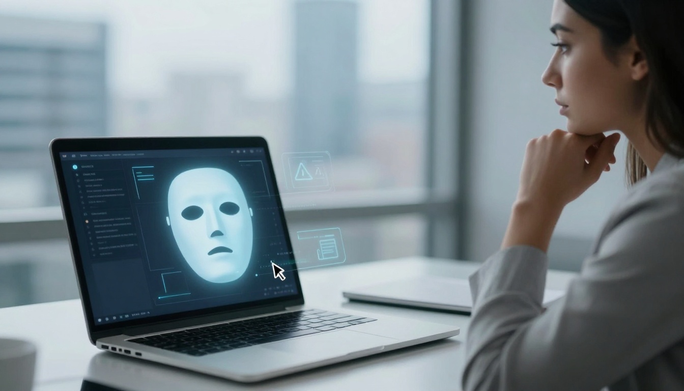A person in a gray shirt sits at a desk, looking at a laptop displaying a digital mask on the screen. The background is a blurred office setting.