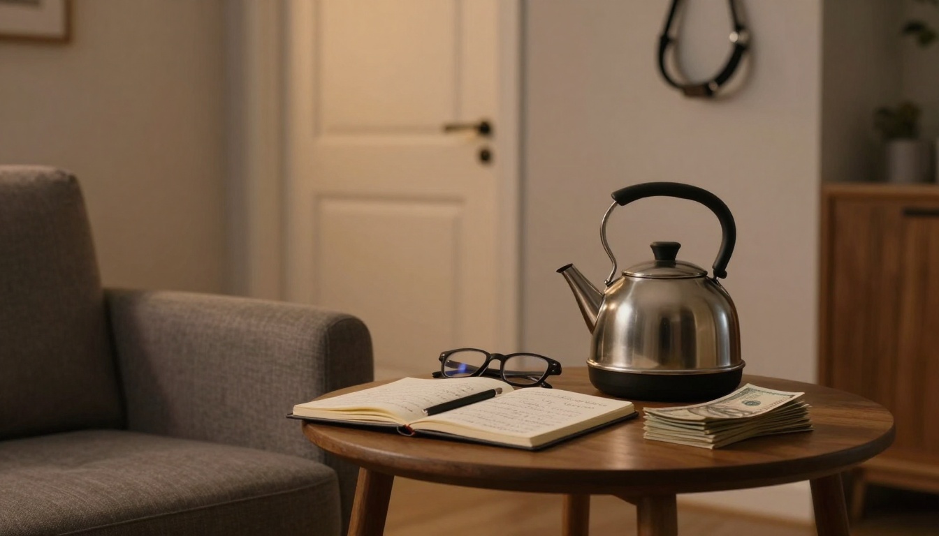 A cozy room with a gray armchair and a wooden table. On the table are a stainless steel kettle, an open notebook with a pen, eyeglasses, and a stack of dollar bills. In the background, a door and a piece of wall decor are visible.