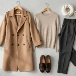 A beige double-breasted coat, a light beige sweater, and dark gray trousers are neatly arranged on hangers. Brown loafers and a white scarf are placed below on a light gray surface.