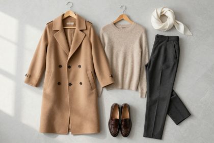 A beige double-breasted coat, a light beige sweater, and dark gray trousers are neatly arranged on hangers. Brown loafers and a white scarf are placed below on a light gray surface.